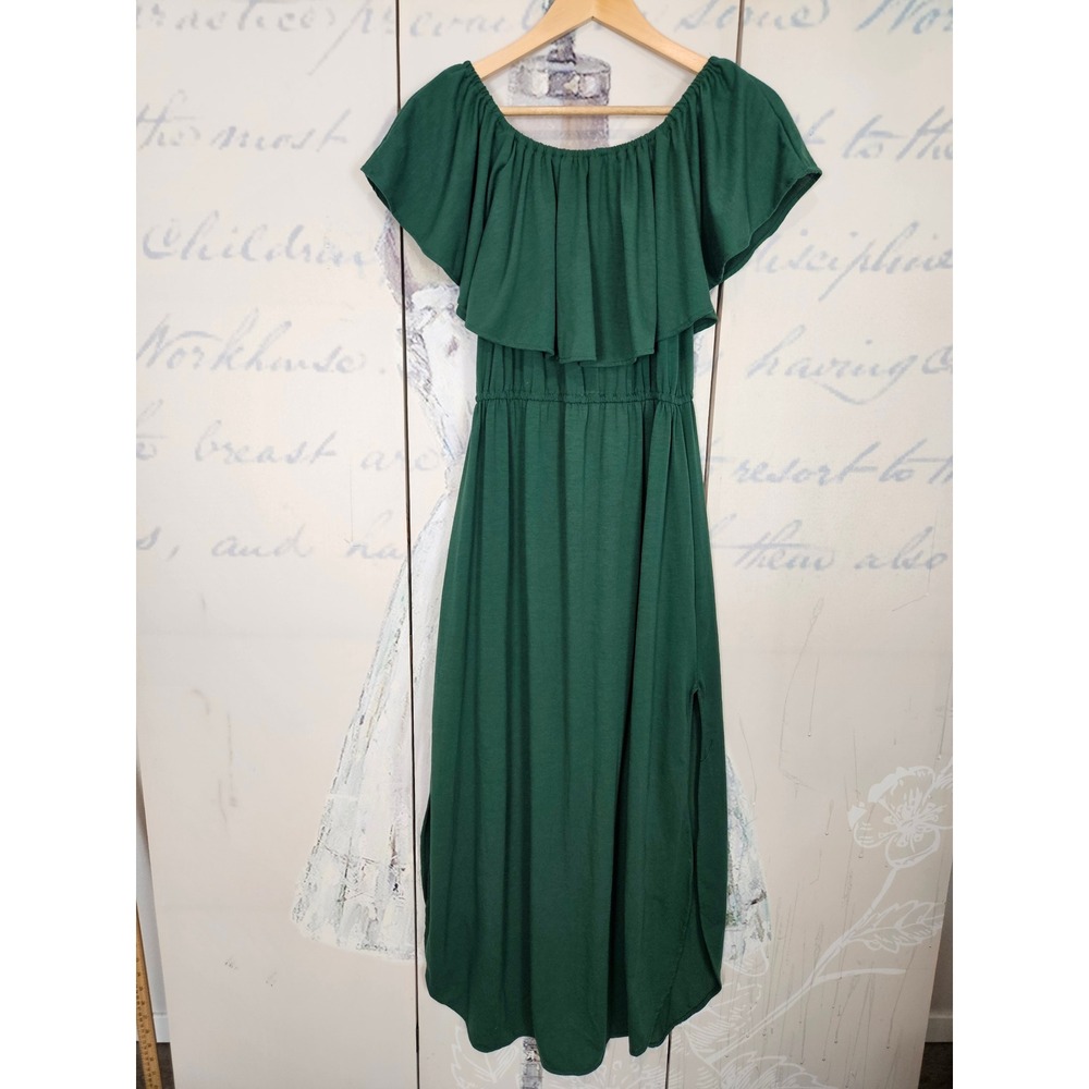 Sarin Mathews Maxi Dress M Green Off‎ Shoulder Ruffle Side Slit Boho Cottagecore